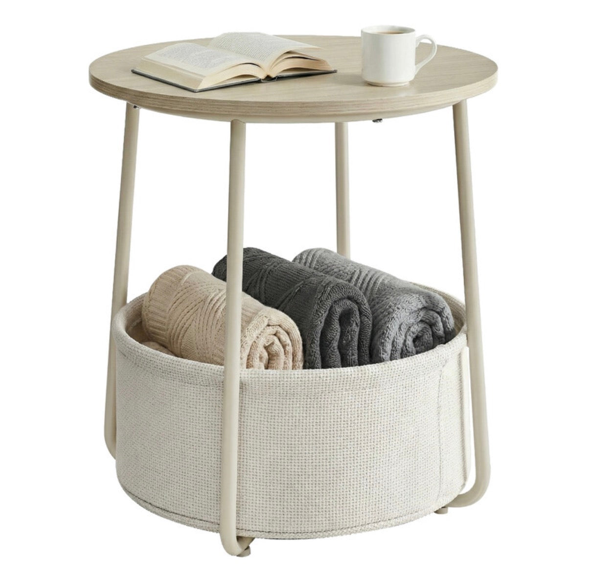 Table d'appoint ronde
45 x 50 cm avec panier en tissu, pieds en acier, Beige naturel