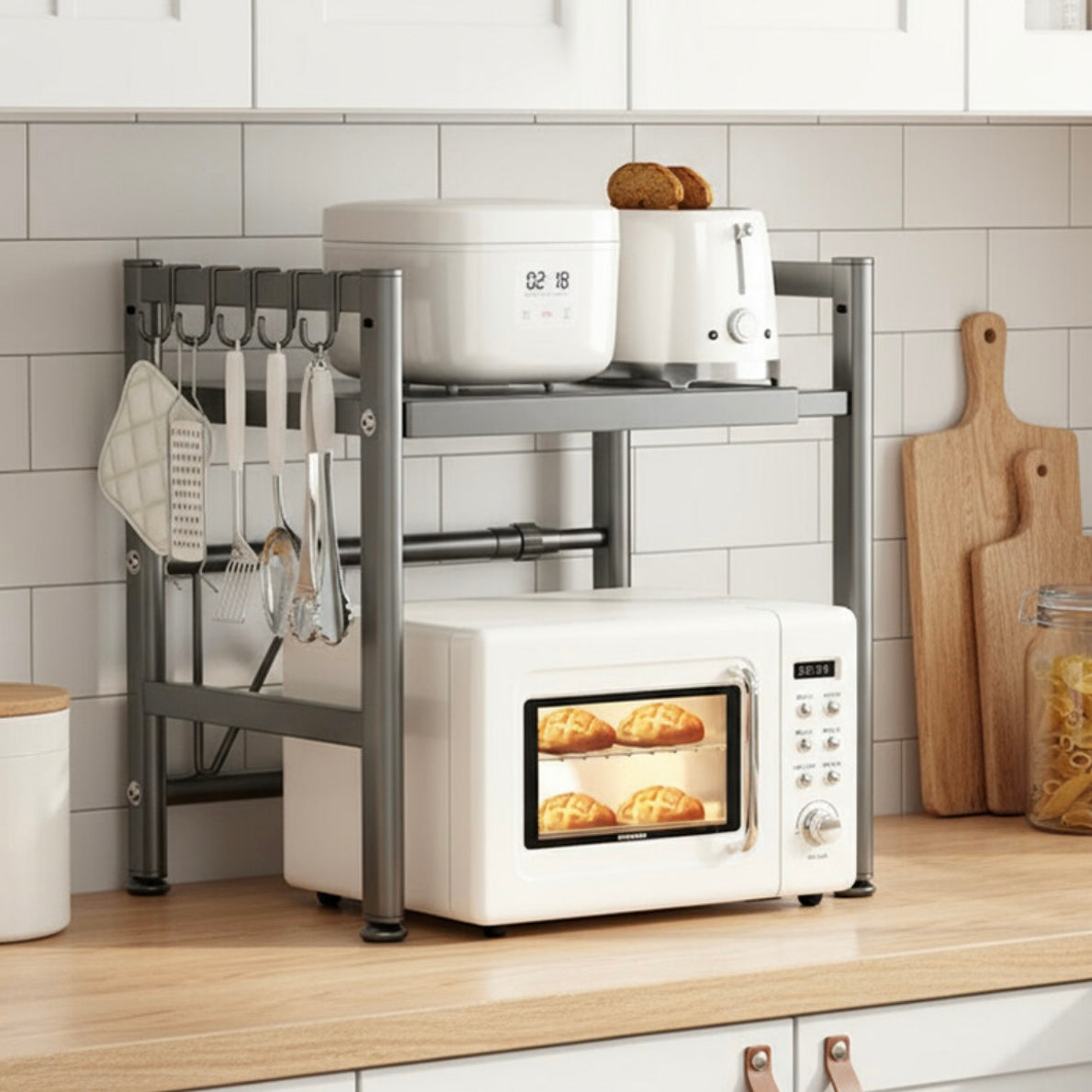 support micro-ondes à double couche extensible pour plan de cuisine, rangement ustensiles de cuisine et vaisselle, support de plan de travail en acier au carbone pour micro-ondes, avec 5 crochets