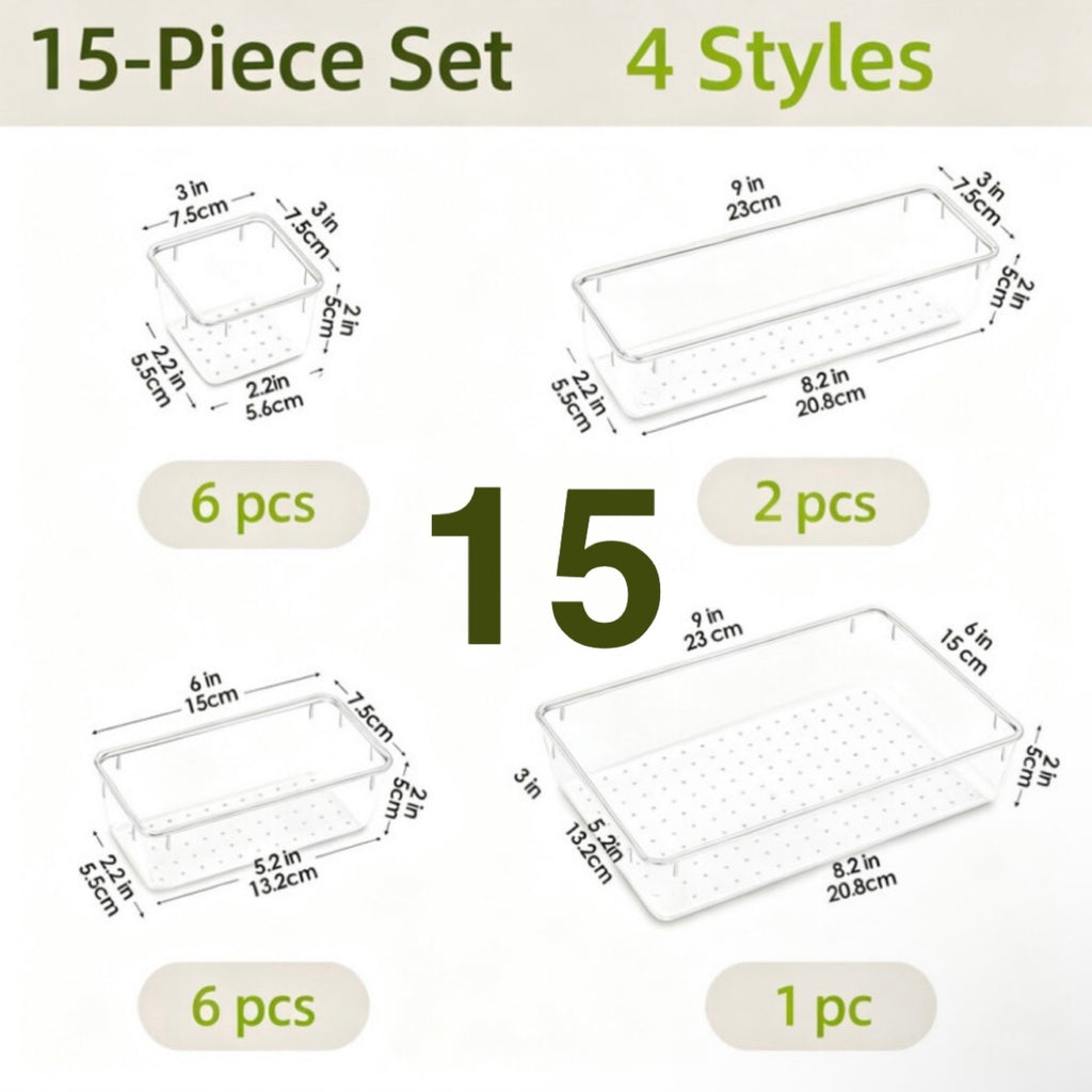 Lot de 15 ou 28 Organisateurs de Tiroirs, 4 Tailles, Boîtes Transparentes en Plastique pour Rangement de Salle de Bain, Coiffeuse, Ustensiles de Cuisine et Maquillage