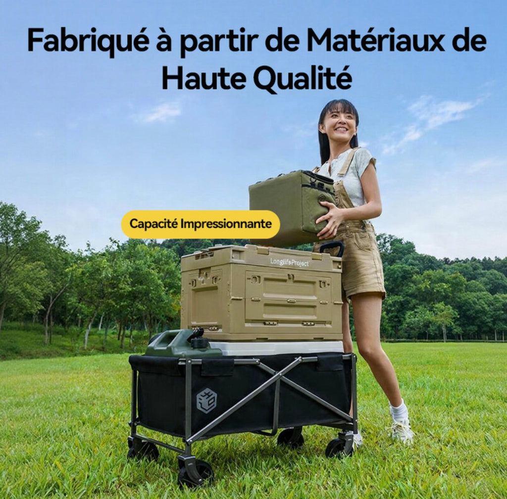 Chariot de Camping Pliable 75L Noir, Charge 100kg, Capacité de Stockage 150L, Tissu Oxford 600D Résistant, Roues Multidirectionnelles, Camping Pique-nique Course