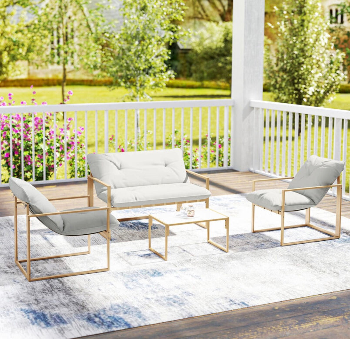 Salon de jardin extérieur 4 pièces avec coussins ultra-épais 15cm - ensemble mobilier de jardin et salon bas pour terrasse
- canapé 2 places avec table basse et 2 fauteuils, cadre acier kaki