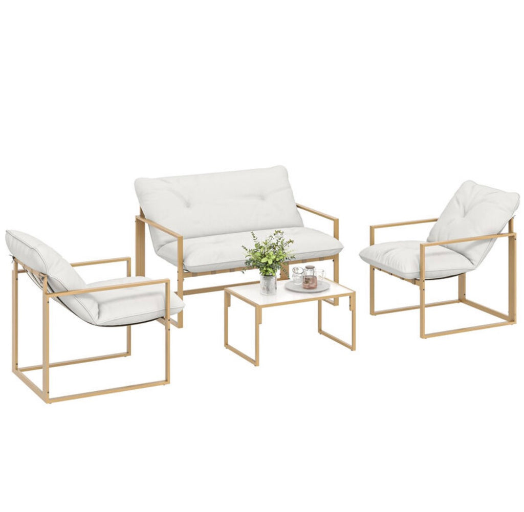 Salon de jardin extérieur 4 pièces avec coussins ultra-épais 15cm - ensemble mobilier de jardin et salon bas pour terrasse
- canapé 2 places avec table basse et 2 fauteuils, cadre acier kaki