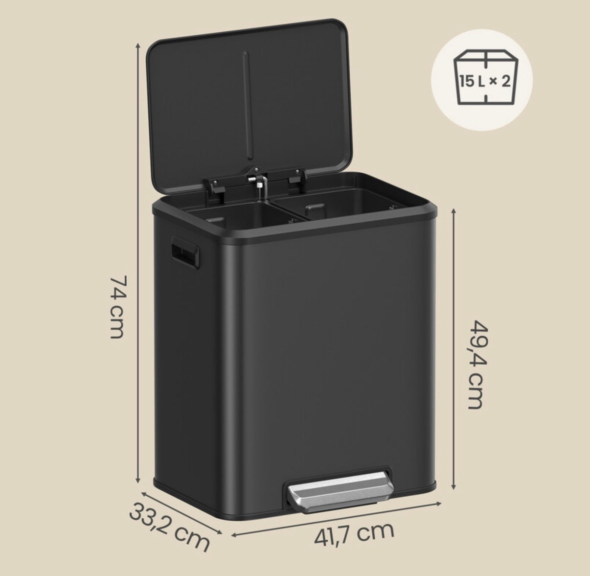 Poubelle de cuisine à 2 compartiments avec couvercle à fermeture douce, poubelle de recyclage en acier avec seaux intérieurs et pédale large, noir