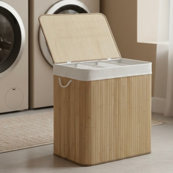 Panier à linge 150L en bambou avec couvercle et 3 compartiments