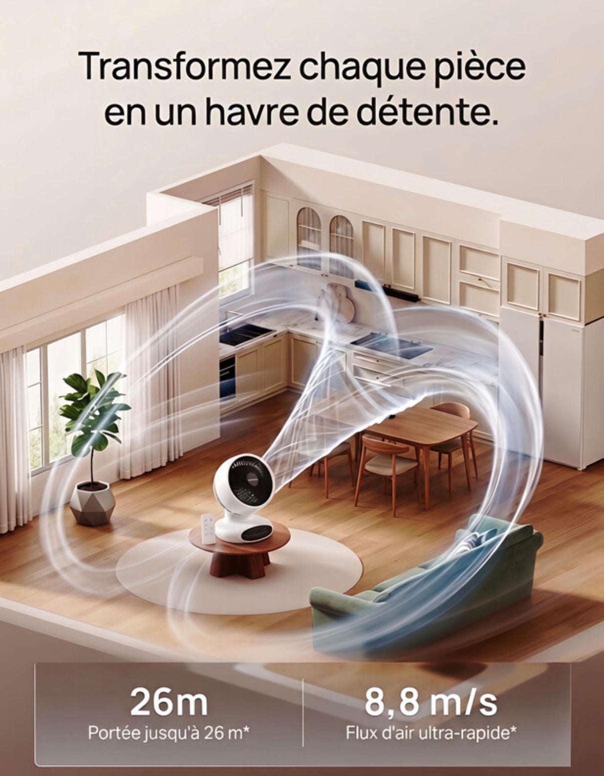 Circulateur d'air AC100, 25dB silencieux, oscillation double 90°+90°. 
5 vitesses, minuterie multiple, mode sommeil, ventilateur compact intérieur