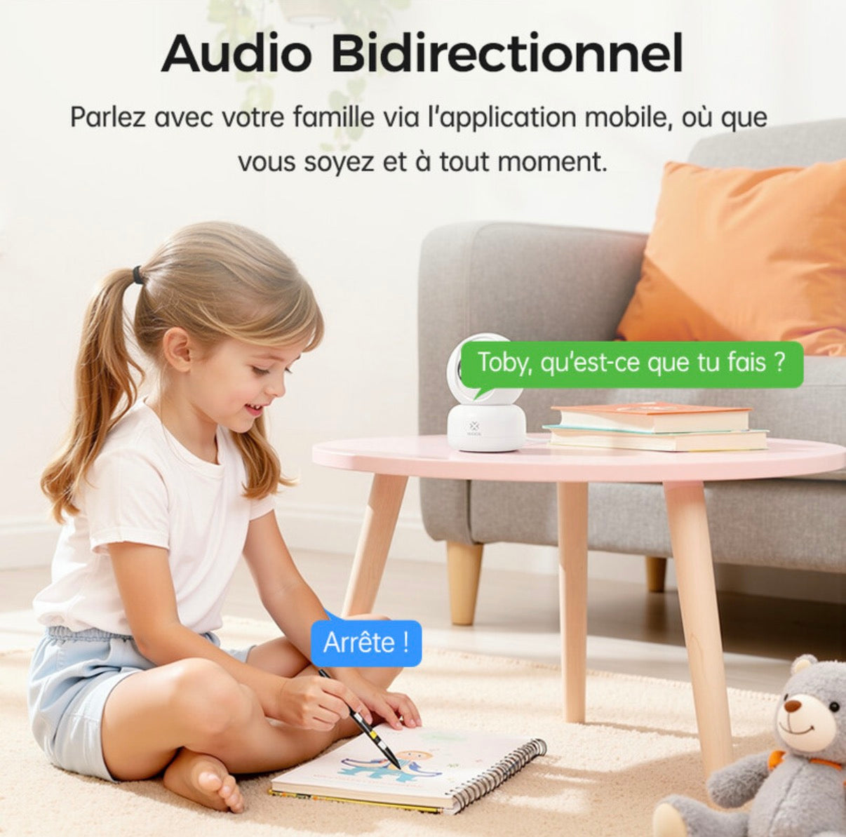 Caméra intérieure connectée avec qualité HD 2K 3MP, portée de vision nocturne de 12 m, surveillance à 360° et communication bidirectionnelle
