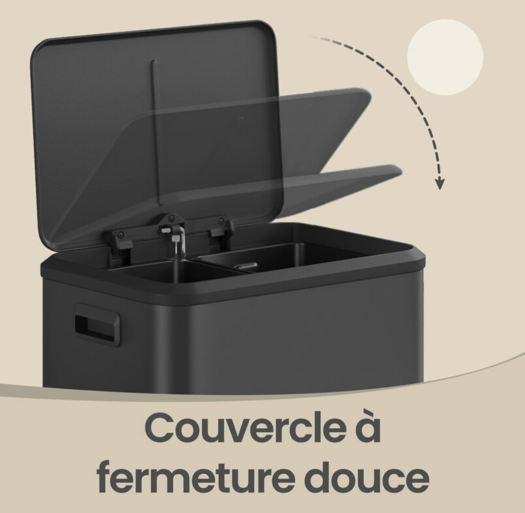 Poubelle de cuisine à 2 compartiments avec couvercle à fermeture douce, poubelle de recyclage en acier avec seaux intérieurs et pédale large, noir