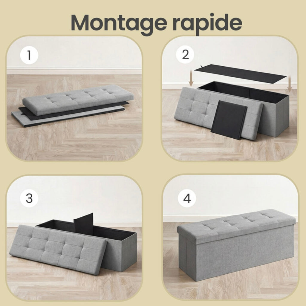 Banc de Rangement
Pliable, Longueur 110 cm, Montage Facile, pour Salon, Chambre, Entrée, Gris Clair