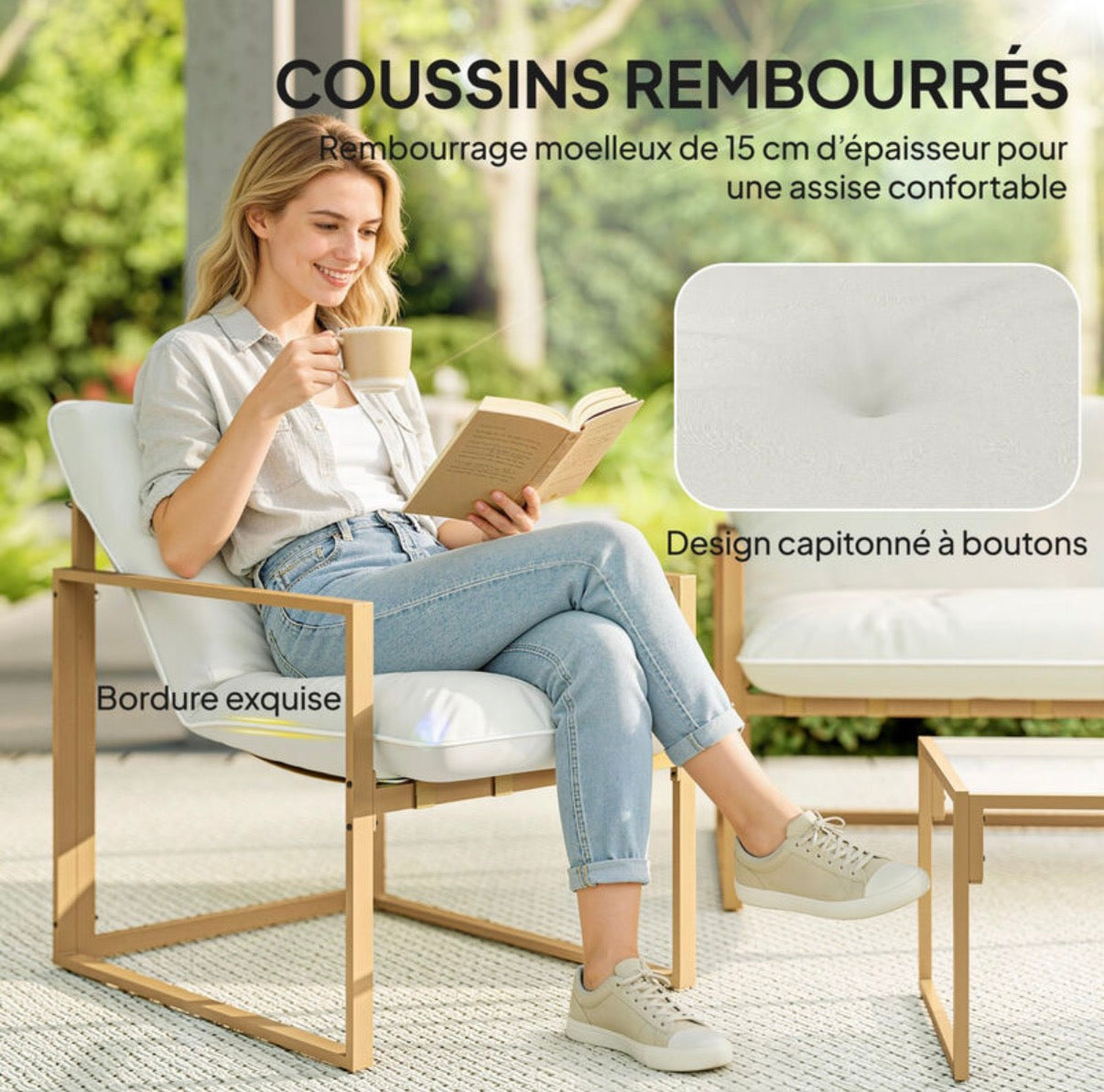 Salon de jardin extérieur 4 pièces avec coussins ultra-épais 15cm - ensemble mobilier de jardin et salon bas pour terrasse
- canapé 2 places avec table basse et 2 fauteuils, cadre acier kaki