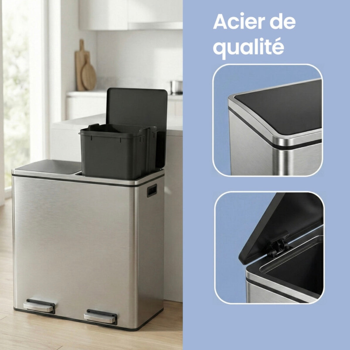 Poubelle de cuisine à 2 compartiments avec couvercles, pédaliers, seaux intérieurs en plastique, fermeture en douceur argent et noir - 2 x 30 L