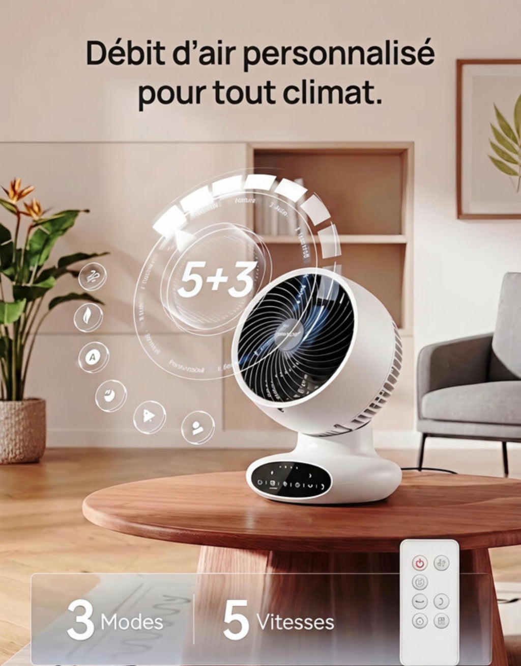 Circulateur d'air AC100, 25dB silencieux, oscillation double 90°+90°. 
5 vitesses, minuterie multiple, mode sommeil, ventilateur compact intérieur