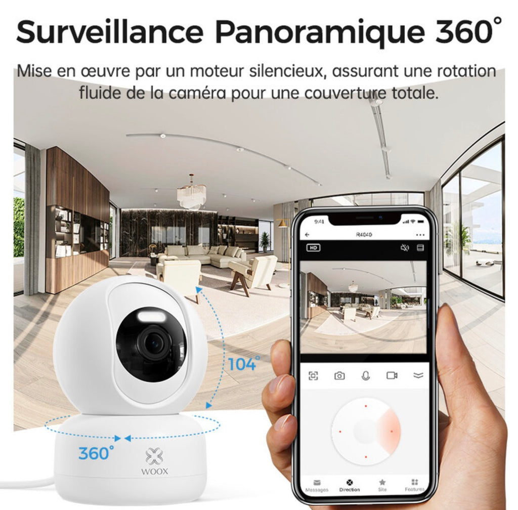 Caméra intérieure connectée avec qualité HD 2K 3MP, portée de vision nocturne de 12 m, surveillance à 360° et communication bidirectionnelle