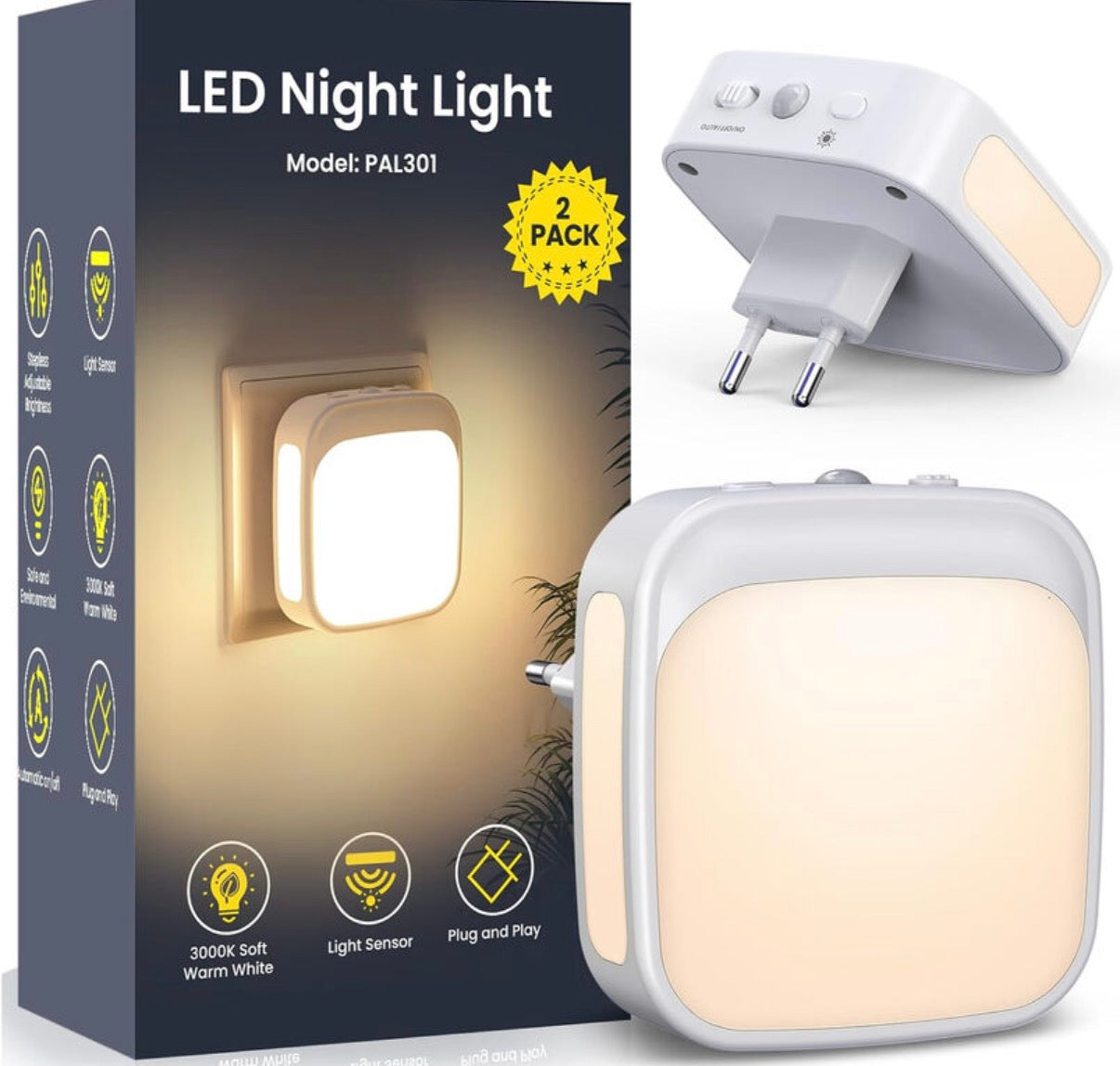 Lot de 2 veilleuses lumineuses avec capteur lumineux, économe en énergie, blanc chaud, éclairage dimmable continu, 0,3 W, 110-240
V, ABS et métal