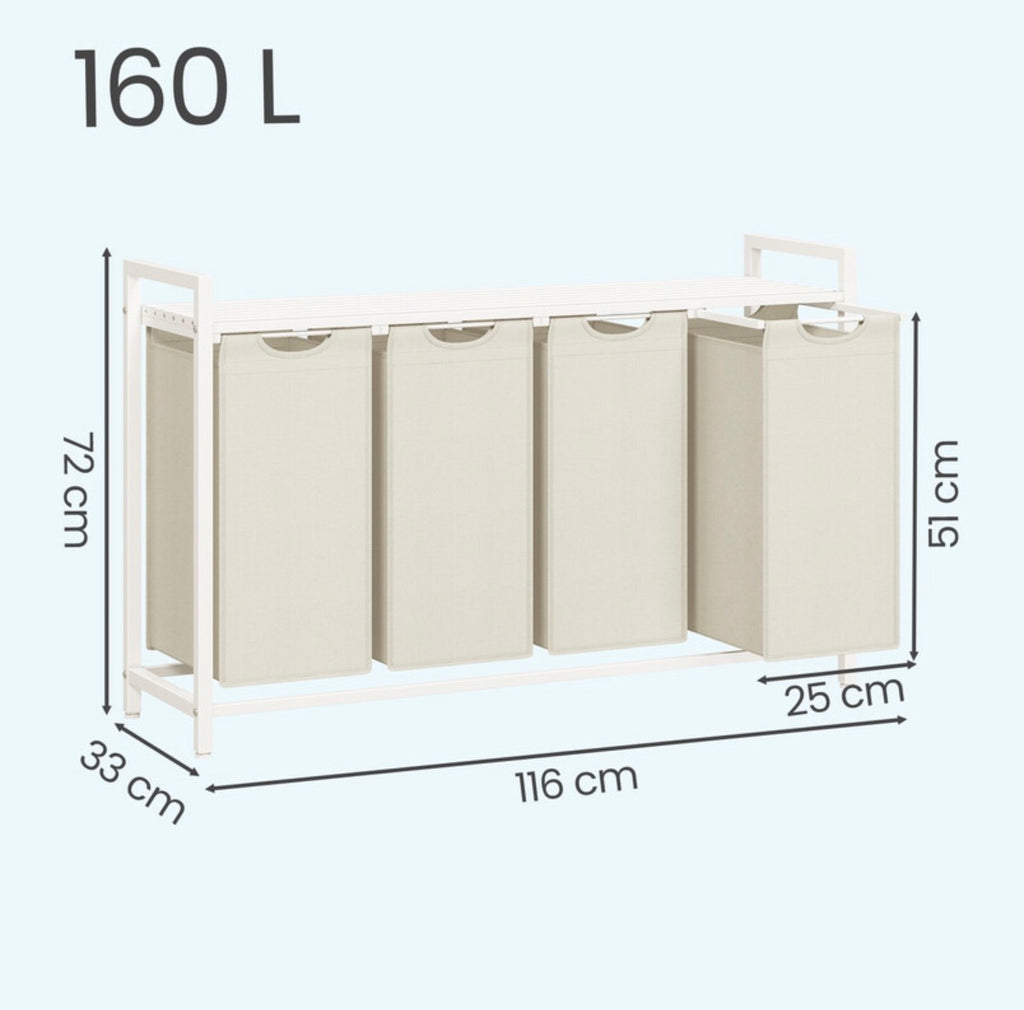 Panier à linge 4 compartiments avec sacs coulissants et amovibles, étagère
- Cadre métallique, 4 x 40 L, 116 x 33 x 72 cm,