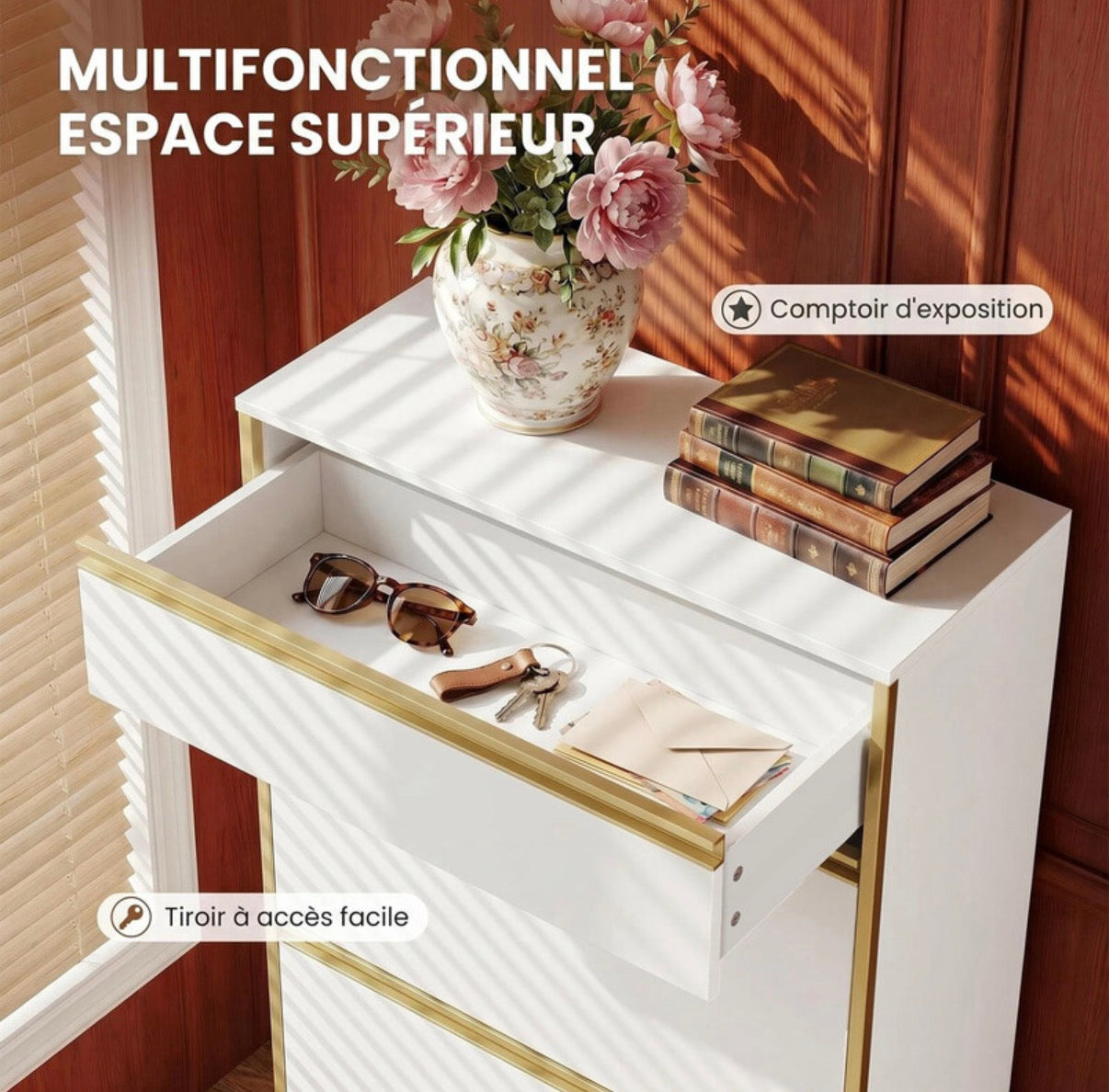 Meuble à chaussures étroit avec 2 portes à charnières, étagère à chaussures, étagère à chaussures avec tiroir, meuble à chaussures étroit avec 4 étagères, réglable, pour couloirs et entrées, 60 x 24 x 104,5 cm, blanc et or