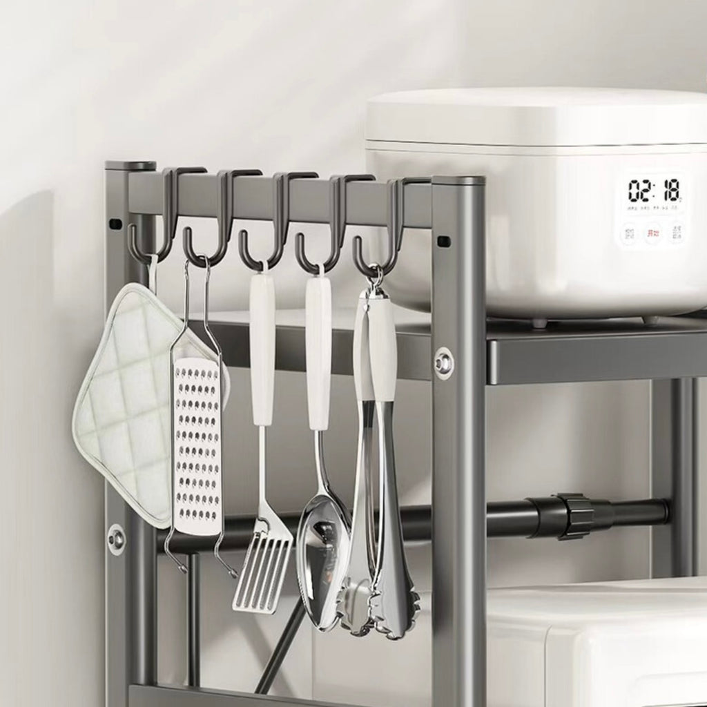 support micro-ondes à double couche extensible pour plan de cuisine, rangement ustensiles de cuisine et vaisselle, support de plan de travail en acier au carbone pour micro-ondes, avec 5 crochets