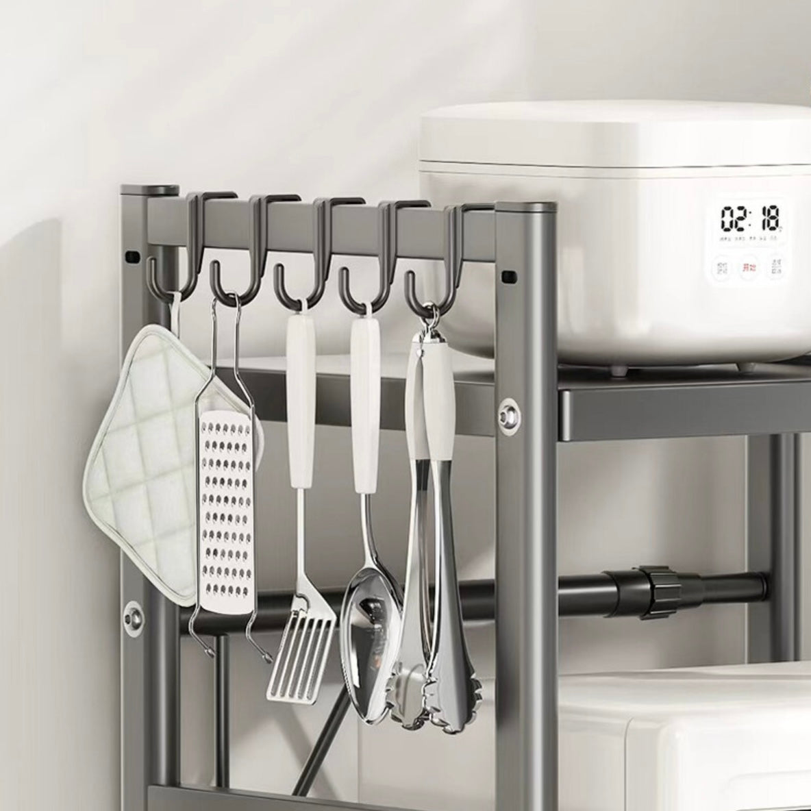 support micro-ondes à double couche extensible pour plan de cuisine, rangement ustensiles de cuisine et vaisselle, support de plan de travail en acier au carbone pour micro-ondes, avec 5 crochets