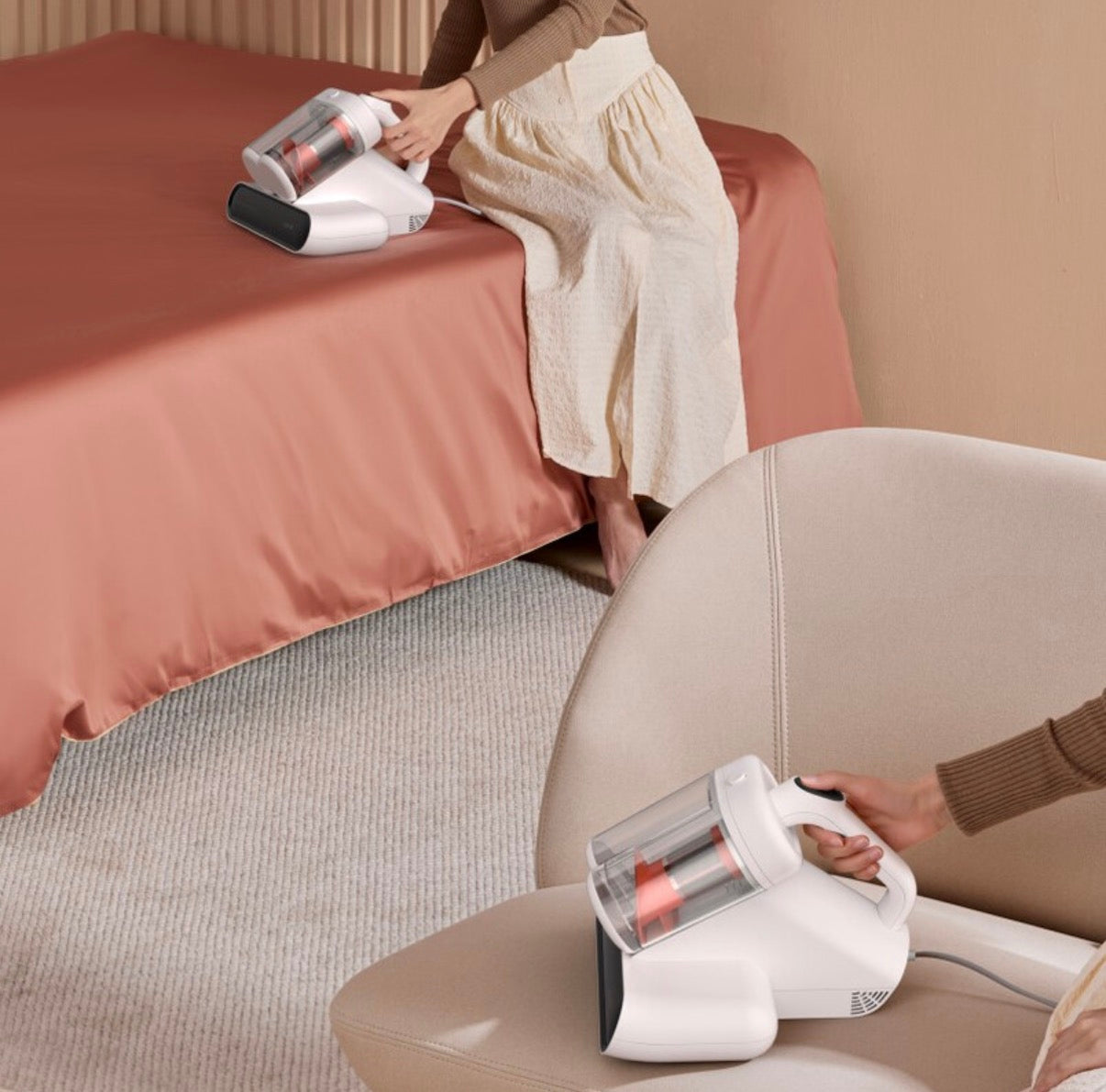 Aspirateur anti-acariens CM980W, double réservoir, aspiration puissante 13 kPa, 12 600 tapotements/min haute fréquence + déshumidification par air chaud à 60 °C + stérilisation UVC 253,7 nm, séparation de la poussière et de l'air à double réservoir