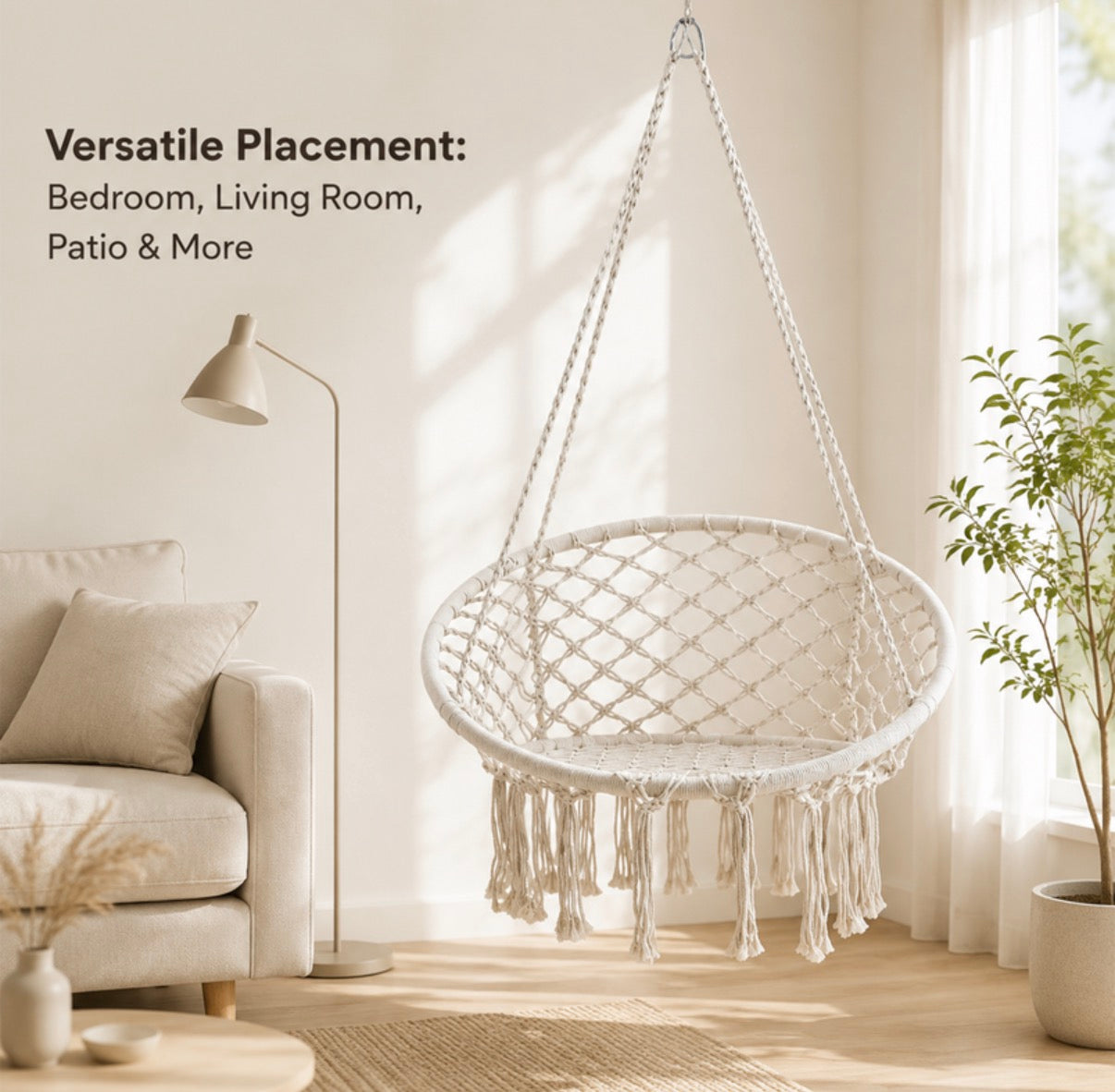 Chaise hamac suspendue avec base et dossier en corde tressée - Beige