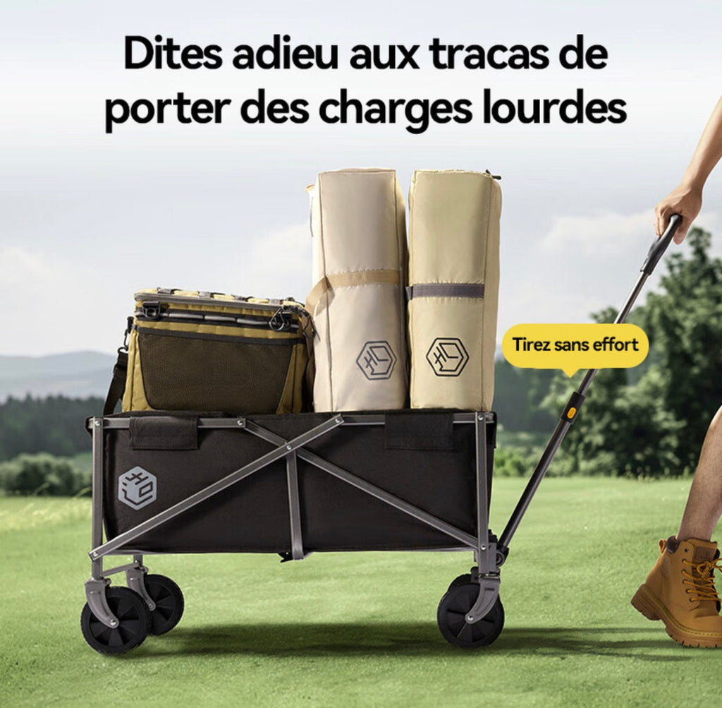 Chariot de Camping Pliable 75L Noir, Charge 100kg, Capacité de Stockage 150L, Tissu Oxford 600D Résistant, Roues Multidirectionnelles, Camping Pique-nique Course
