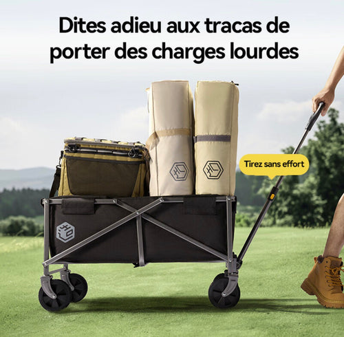 Chariot de Camping Pliable 75L Noir, Charge 100kg, Capacité de Stockage 150L, Tissu Oxford 600D Résistant, Roues Multidirectionnelles, Camping Pique-nique Course