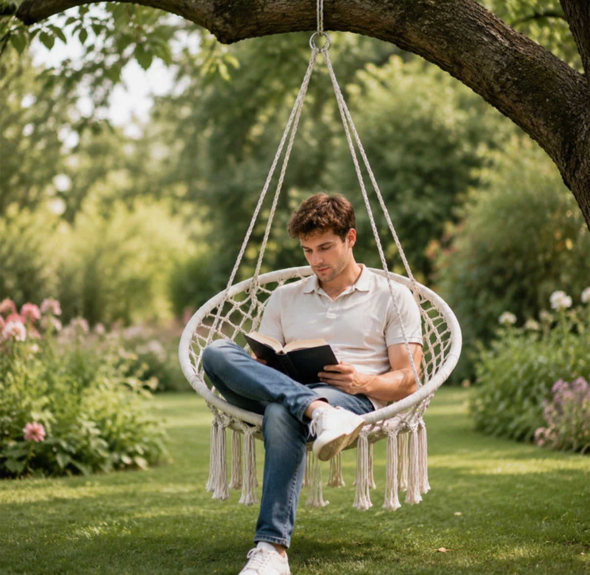 Chaise hamac suspendue avec base et dossier en corde tressée - Beige