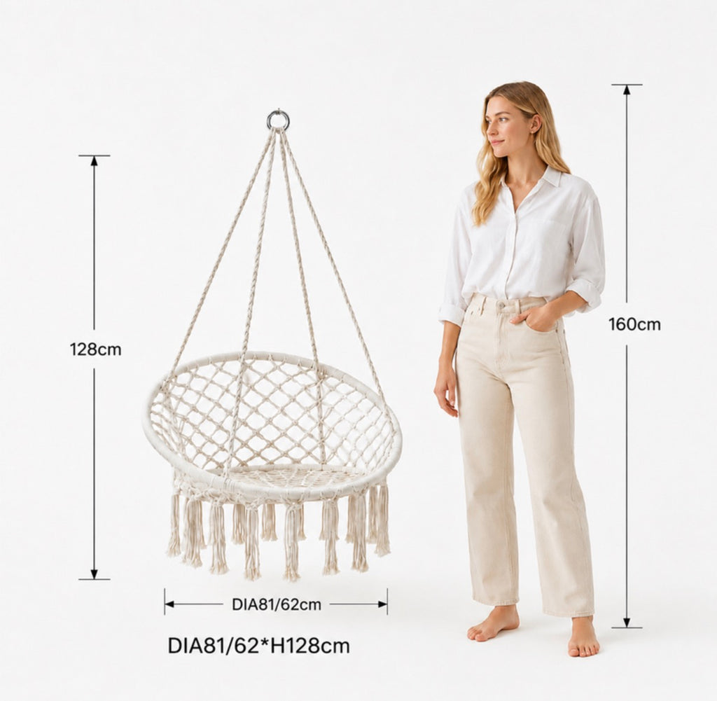 Chaise hamac suspendue avec base et dossier en corde tressée - Beige