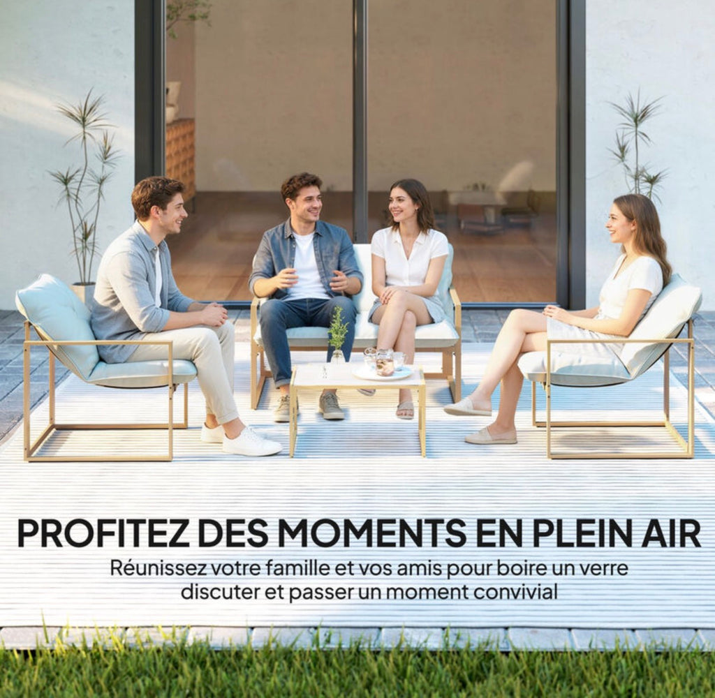 Salon de jardin extérieur 4 pièces avec coussins ultra-épais 15cm - ensemble mobilier de jardin et salon bas pour terrasse
- canapé 2 places avec table basse et 2 fauteuils, cadre acier kaki