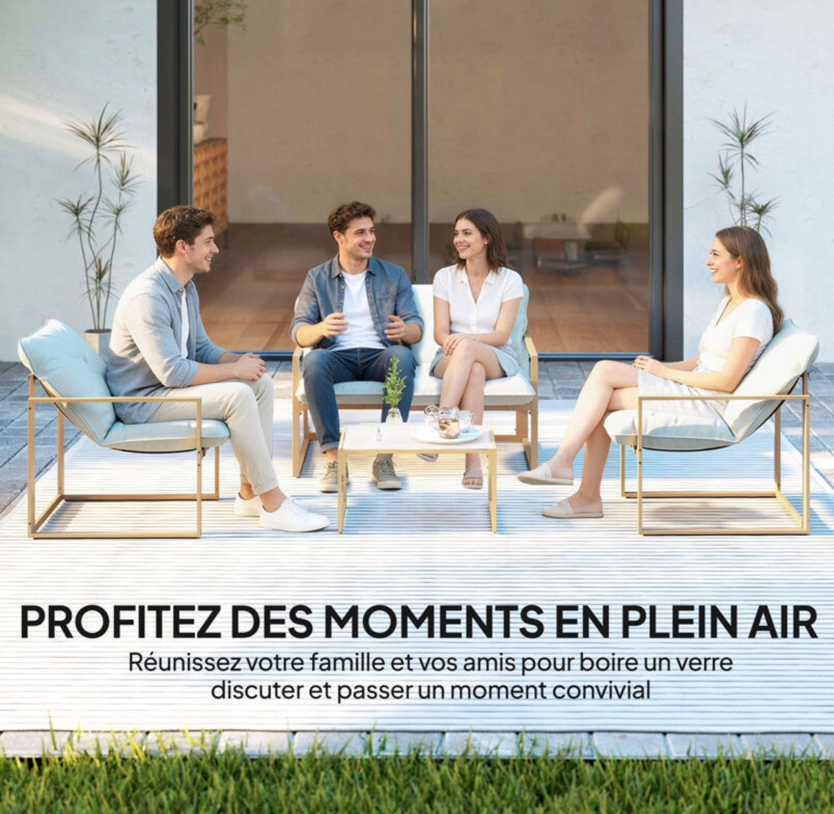 Salon de jardin extérieur 4 pièces avec coussins ultra-épais 15cm - ensemble mobilier de jardin et salon bas pour terrasse
- canapé 2 places avec table basse et 2 fauteuils, cadre acier kaki