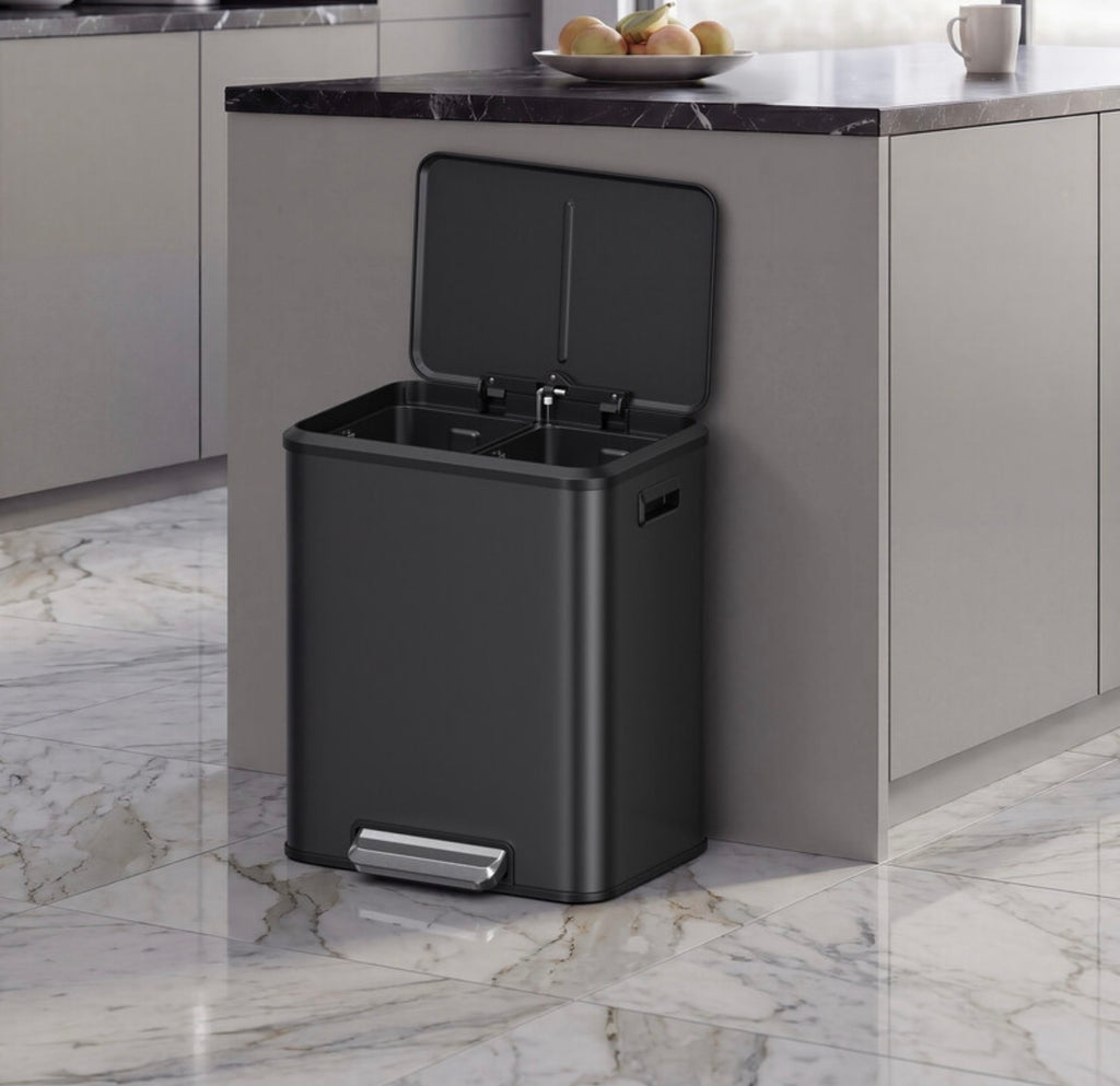 Poubelle de cuisine à 2 compartiments avec couvercle à fermeture douce, poubelle de recyclage en acier avec seaux intérieurs et pédale large, noir
