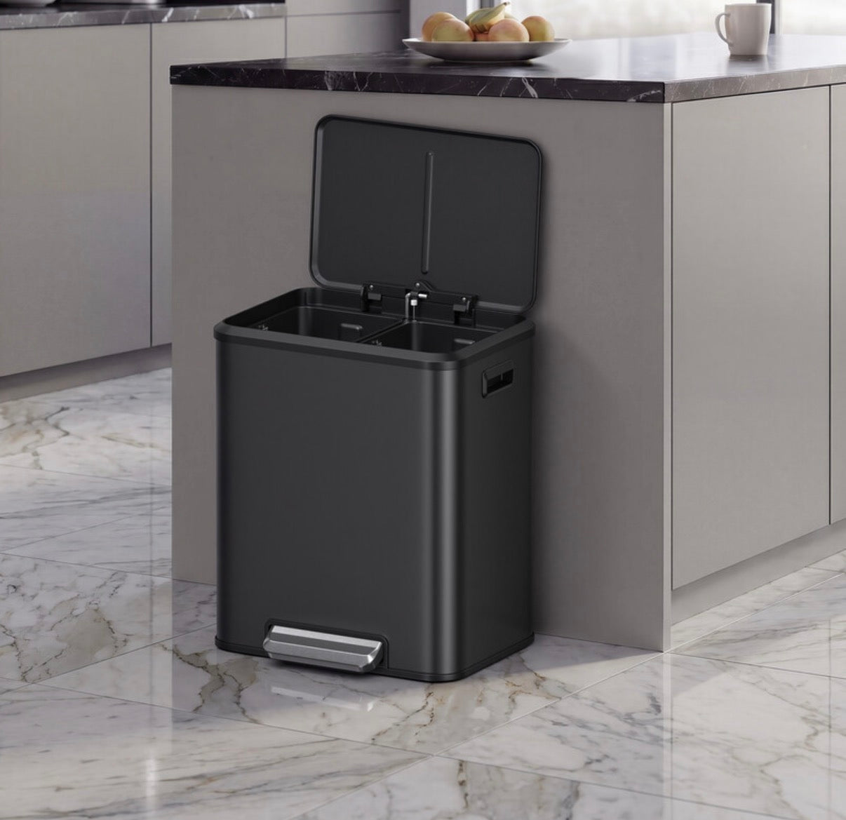 Poubelle de cuisine à 2 compartiments avec couvercle à fermeture douce, poubelle de recyclage en acier avec seaux intérieurs et pédale large, noir