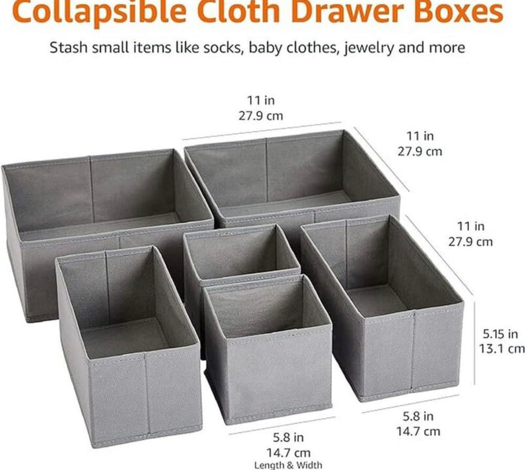 Organisateurs de tiroir en tissu pour chaussettes et sous-vêtements, lot de 6, gris