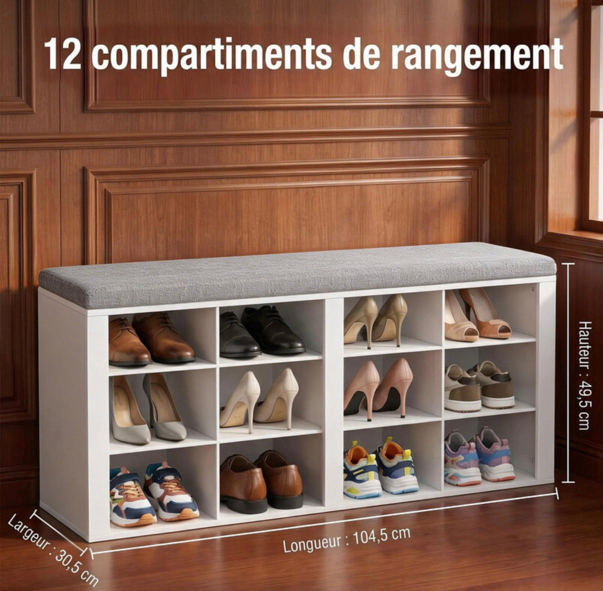 Banc à chaussures avec assise, meuble à chaussures avec banc et 12 compartiments, banc d'entrée avec étagères réglables pour le salon, la chambre ou le couloir, blanc et gris