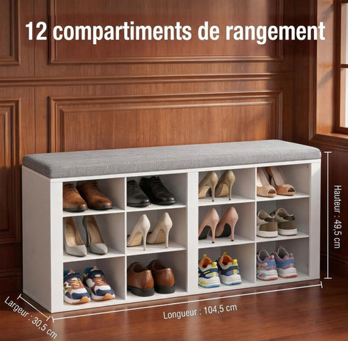 Banc à chaussures avec assise, meuble à chaussures avec banc et 12 compartiments, banc d'entrée avec étagères réglables pour le salon, la chambre ou le couloir, blanc et gris