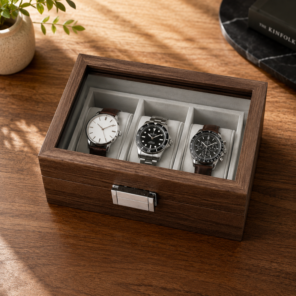 Boîte à Montres en Bois 3 Compartiments avec Vitrine Élégante