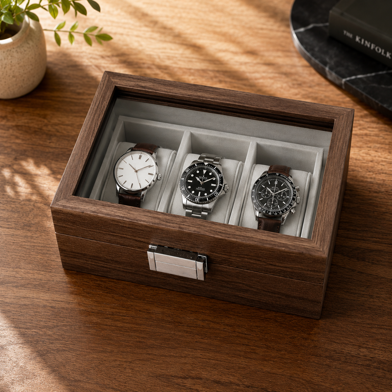 Boîte à Montres en Bois 3 Compartiments avec Vitrine Élégante