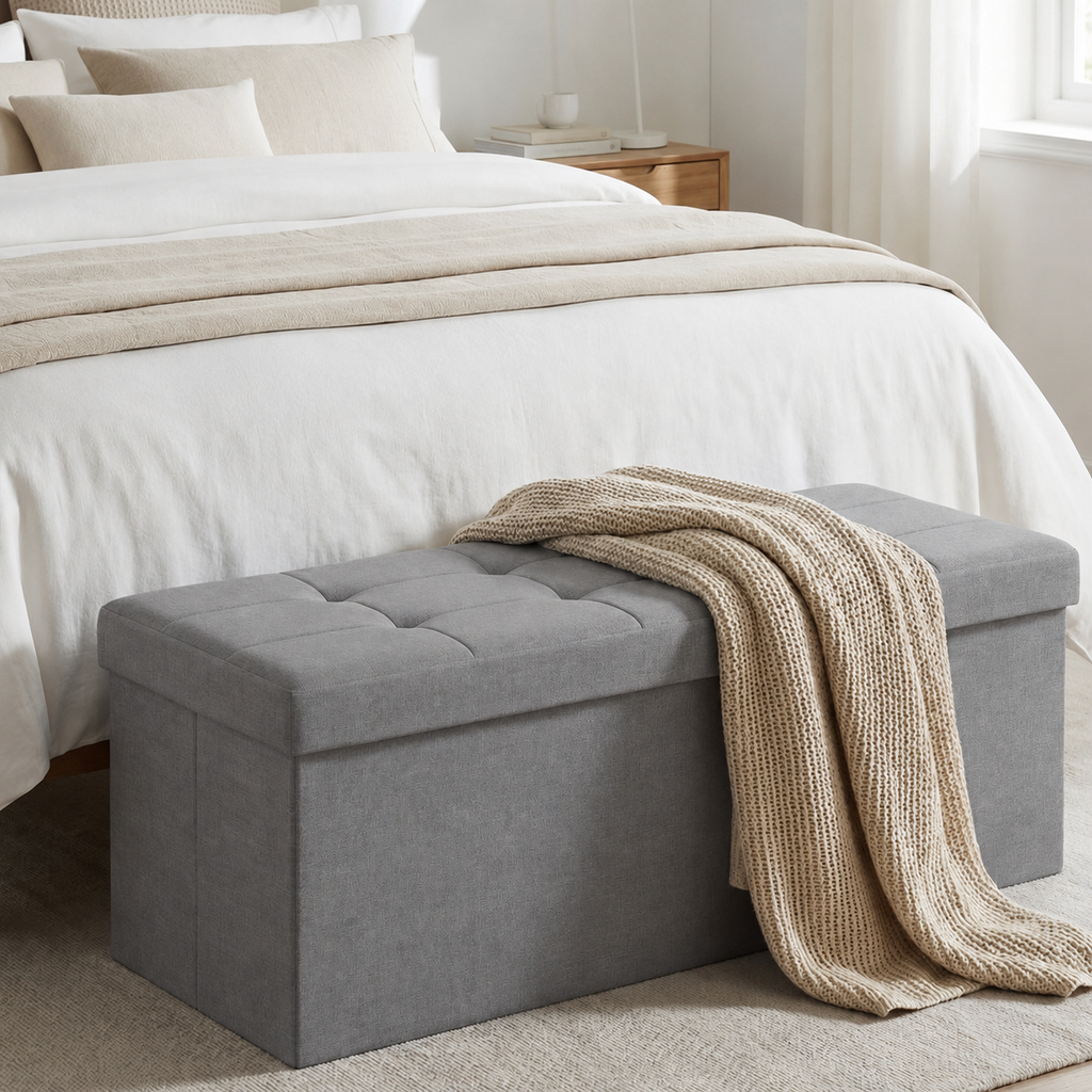 Banc de Rangement
Pliable, Longueur 110 cm, Montage Facile, pour Salon, Chambre, Entrée, Gris Clair
