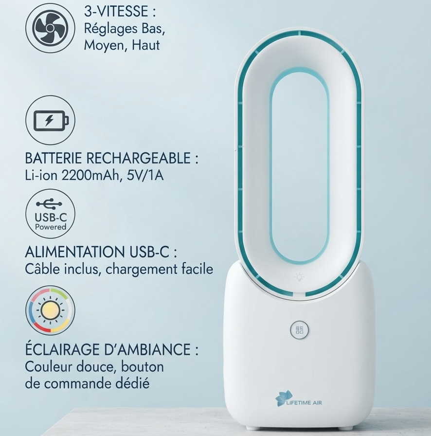 Ventilateur de table rechargeable USB-C, 3 Vitesses, led intégrée.