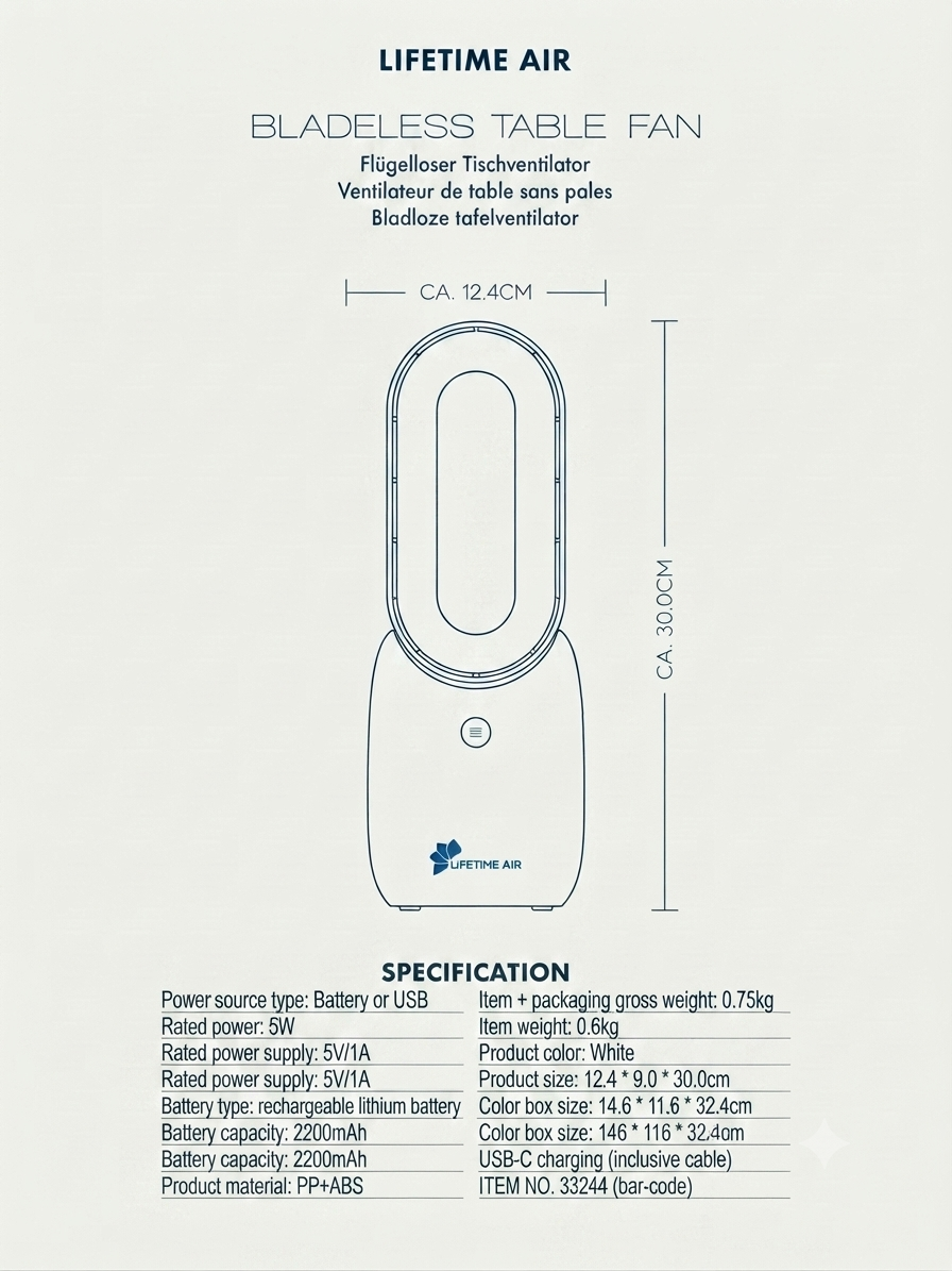 Ventilateur de table rechargeable USB-C, 3 Vitesses, led intégrée.
