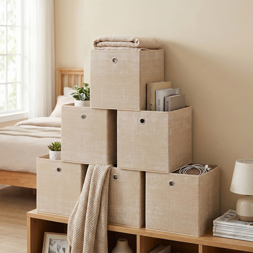 Cubes de rangement en tissu kaki clair – Lot de 6 boîtes pliables avec poignées, 30 x 30 x 30 cm, parfaits pour les étagères cubiques – non-tissé, parfaits pour les vêtements et l’organisation des placards