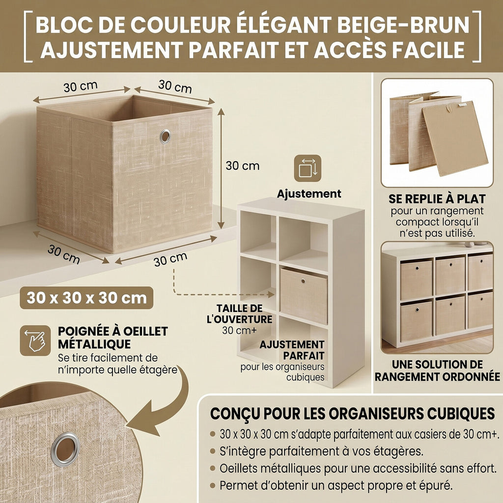 Cubes de rangement en tissu kaki clair – Lot de 6 boîtes pliables avec poignées, 30 x 30 x 30 cm, parfaits pour les étagères cubiques – non-tissé, parfaits pour les vêtements et l’organisation des placards