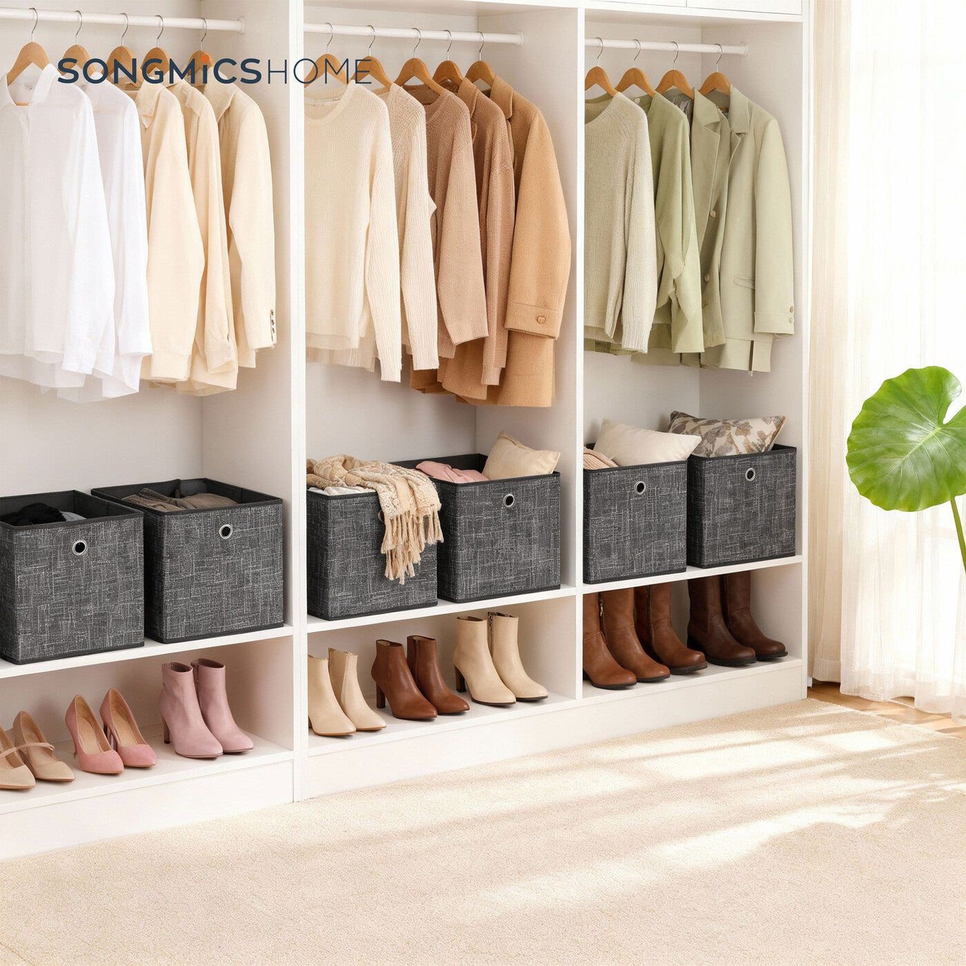 Cubes de rangement en tissu kaki clair – Lot de 6 boîtes pliables avec poignées, 30 x 30 x 30 cm, parfaits pour les étagères cubiques – non-tissé, parfaits pour les vêtements et l’organisation des placards