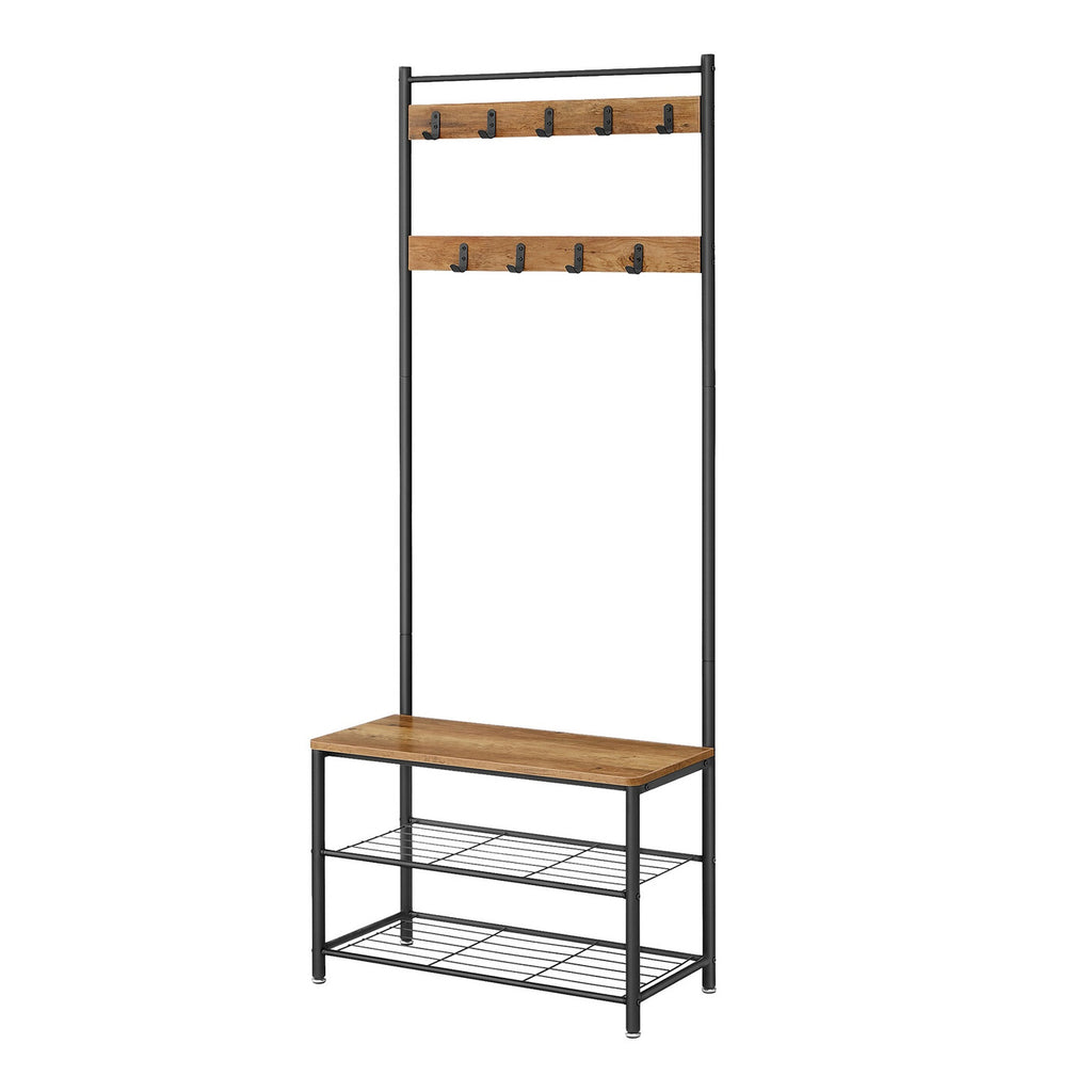 Portemanteau, 32 x 70 x 175 cm, Vestiaire avec Banc de Rangement pour Chaussures, Style Industriel, noir et marron