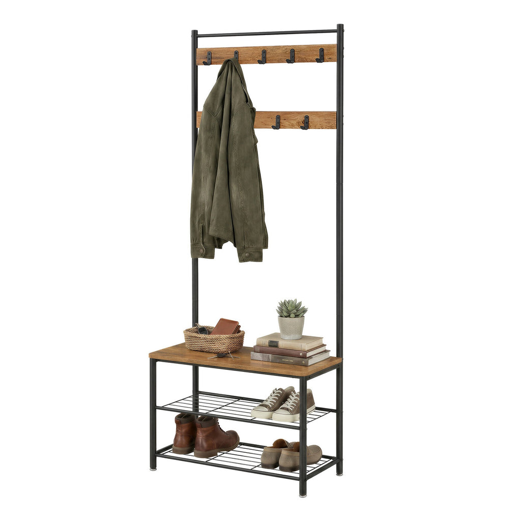Portemanteau, 32 x 70 x 175 cm, Vestiaire avec Banc de Rangement pour Chaussures, Style Industriel, noir et marron