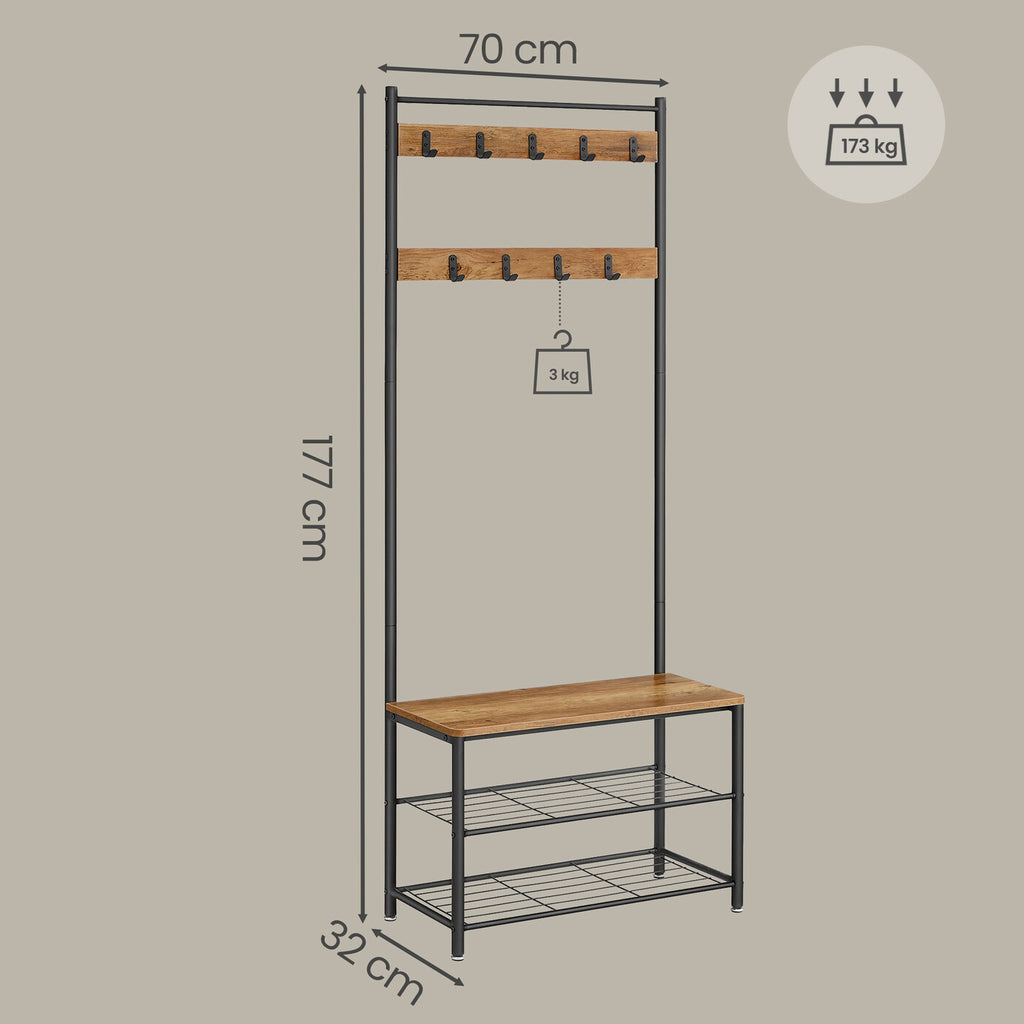 Portemanteau, 32 x 70 x 175 cm, Vestiaire avec Banc de Rangement pour Chaussures, Style Industriel, noir et marron