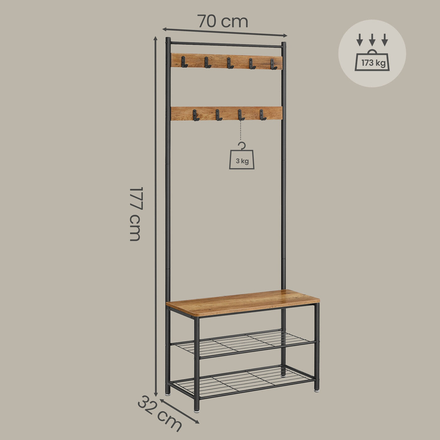 Portemanteau, 32 x 70 x 175 cm, Vestiaire avec Banc de Rangement pour Chaussures, Style Industriel, noir et marron