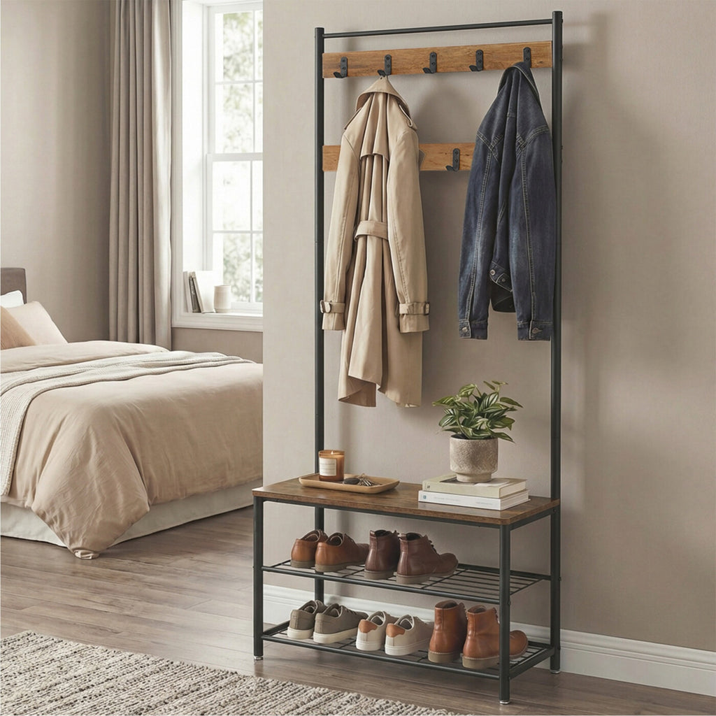 Portemanteau, 32 x 70 x 175 cm, Vestiaire avec Banc de Rangement pour Chaussures, Style Industriel, noir et marron