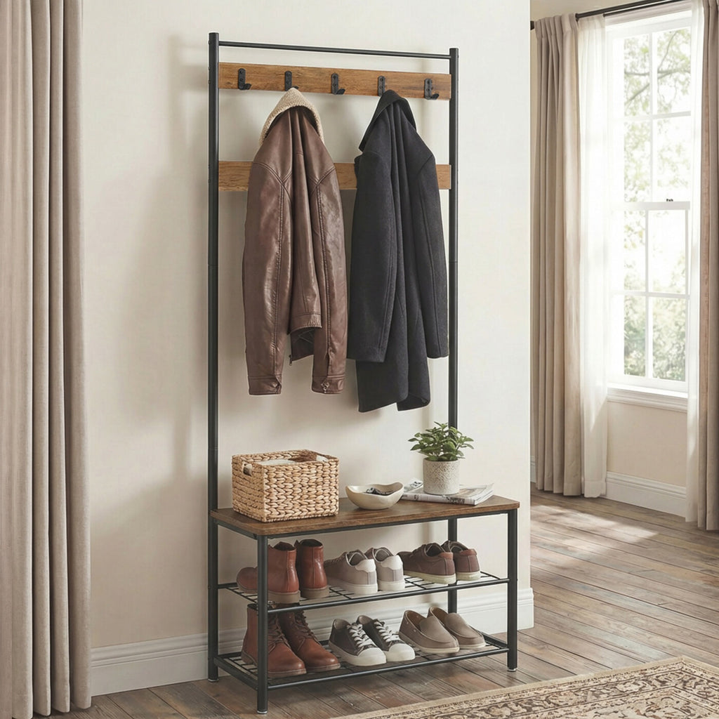 Portemanteau, 32 x 70 x 175 cm, Vestiaire avec Banc de Rangement pour Chaussures, Style Industriel, noir et marron