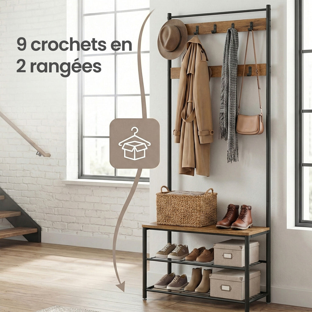 Portemanteau, 32 x 70 x 175 cm, Vestiaire avec Banc de Rangement pour Chaussures, Style Industriel, noir et marron