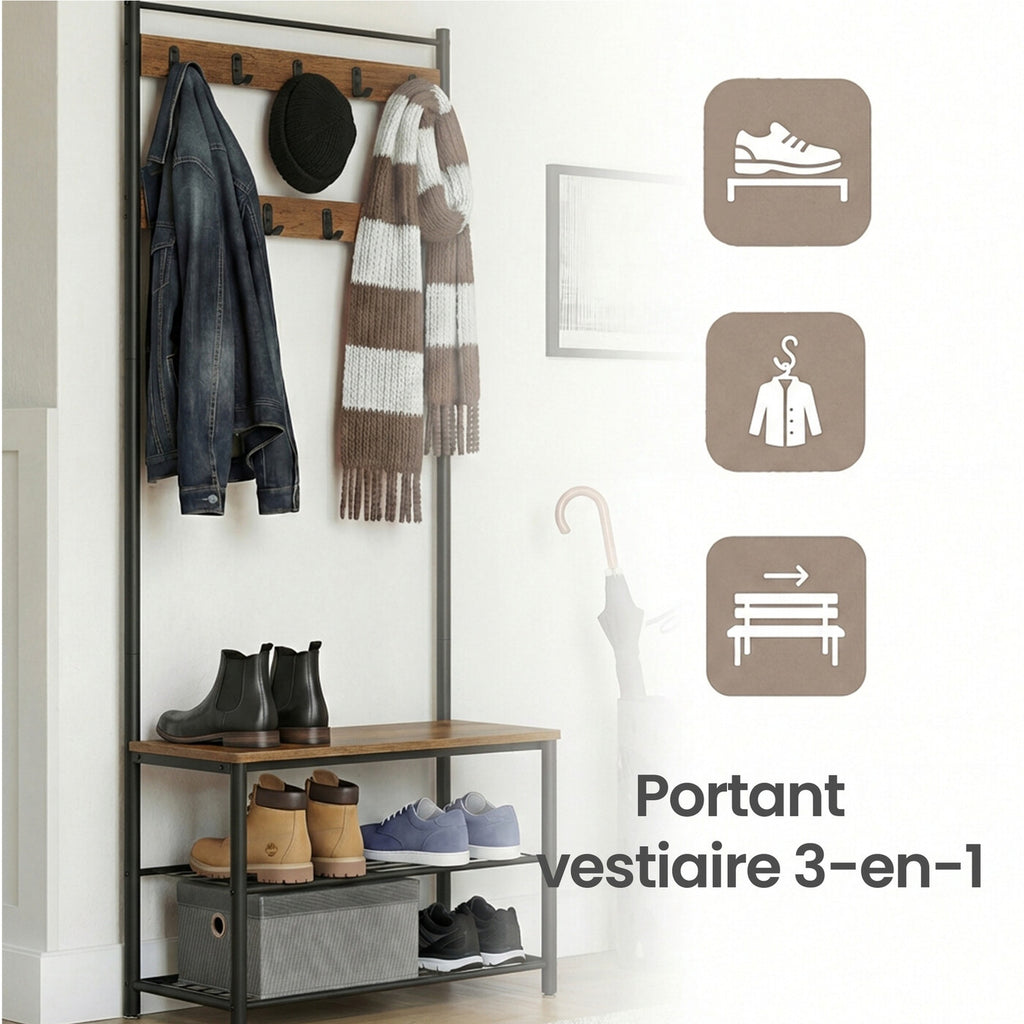 Portemanteau, 32 x 70 x 175 cm, Vestiaire avec Banc de Rangement pour Chaussures, Style Industriel, noir et marron